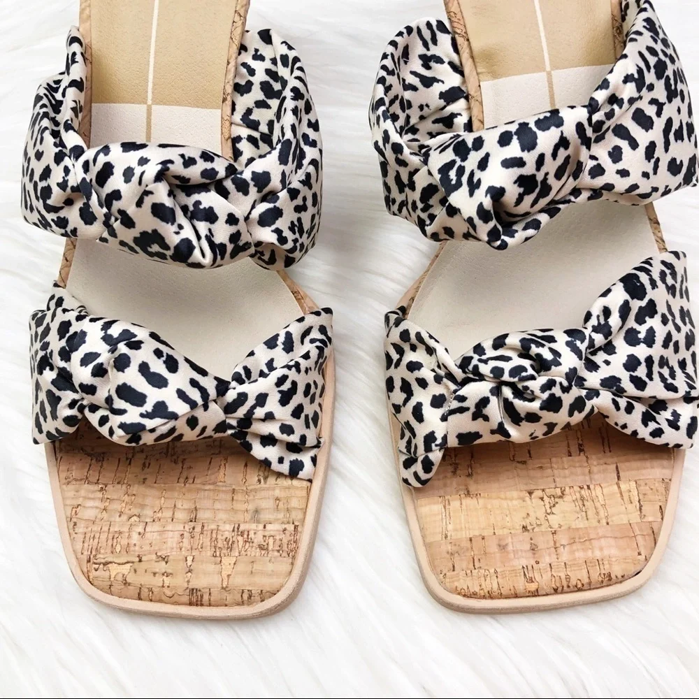 New Dolce Vita Naji Knotted Cork Wedge Mule in Leopard Satin